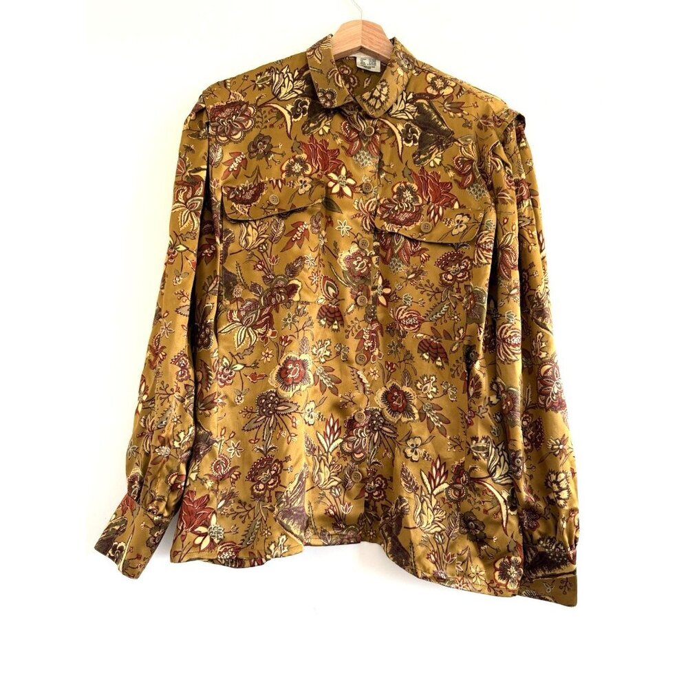Escada Margaretha Ley GOLD Vibrant 100% Silk Charmeuse Blouse Shirt Scarf XL